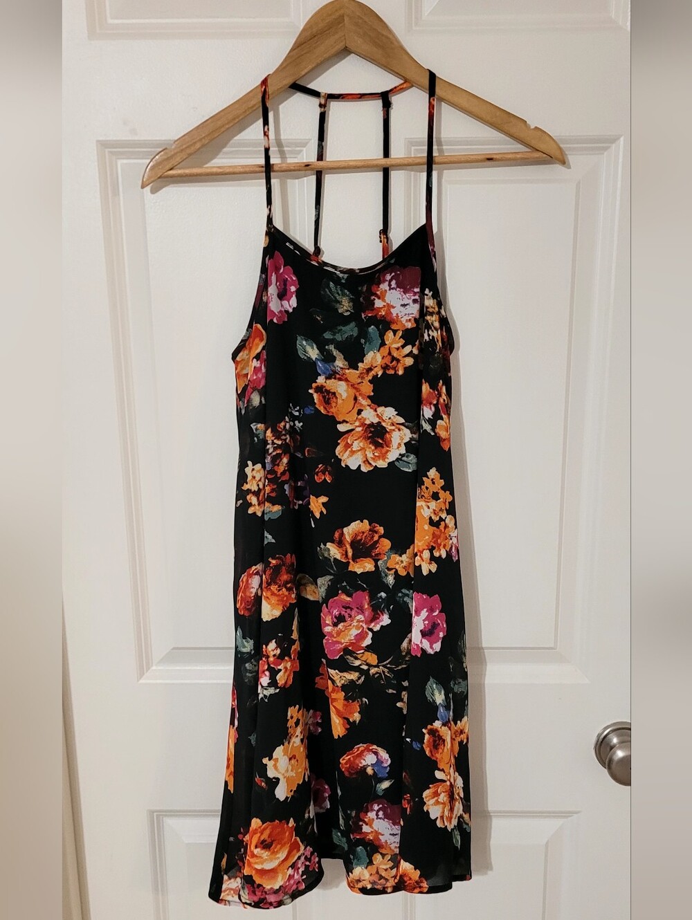Black Dress with Burnt Orange, Rose, And Purple Flowers, Small.